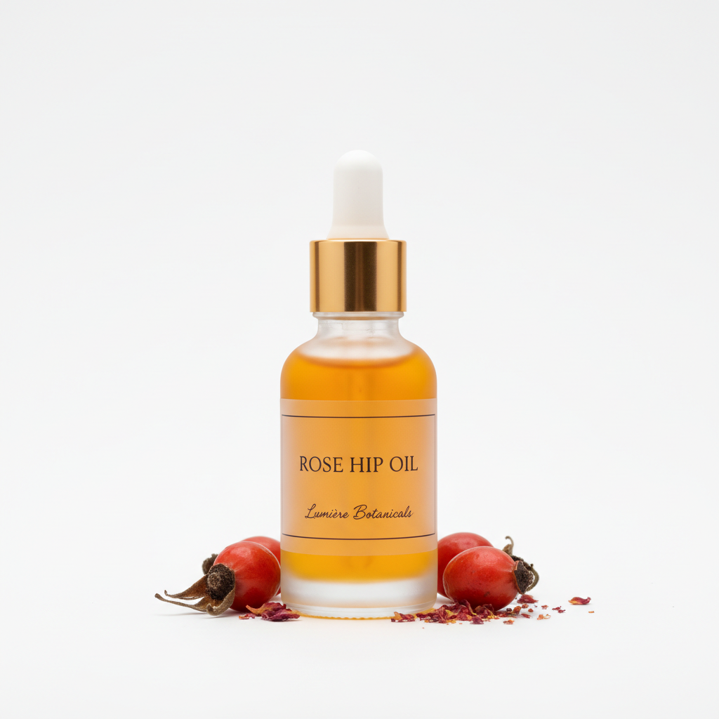 Rosehip Glow Facial Oil dropper bottle on white background