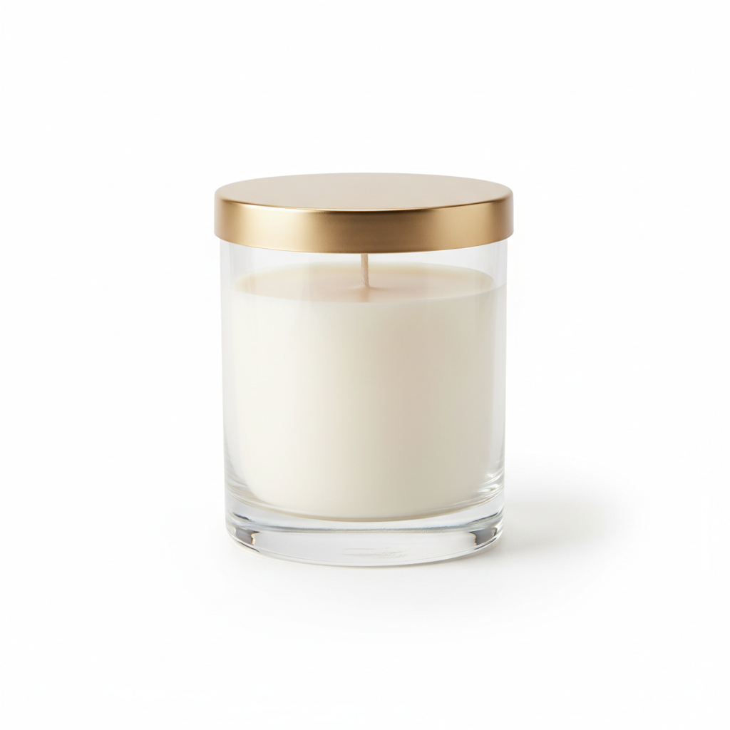 Amber & Sandalwood Scented Candle in glass jar on white background